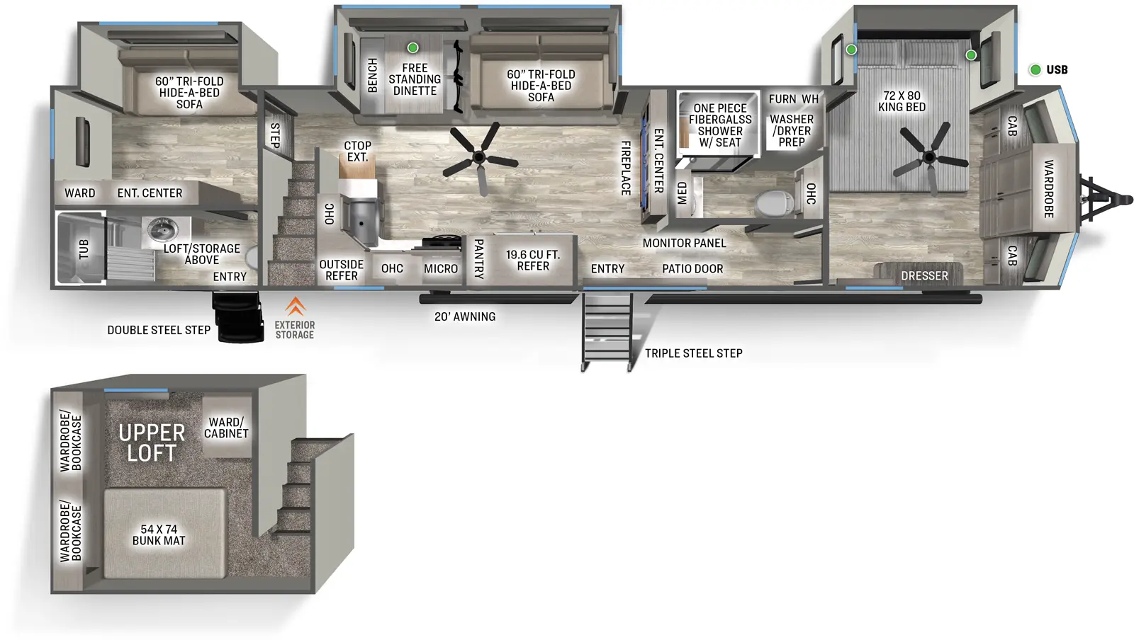 The Sandpiper Destination 400BH floorplan has two entries and three slide outs. Exterior features include: fiberglass exterior and 20' awning. Interiors features include: loft, free-standing dinette option, front bedroom and two full bathrooms.